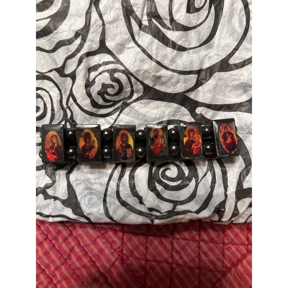 Jesus and the Saints HEMATITE stone stretch bracelet
